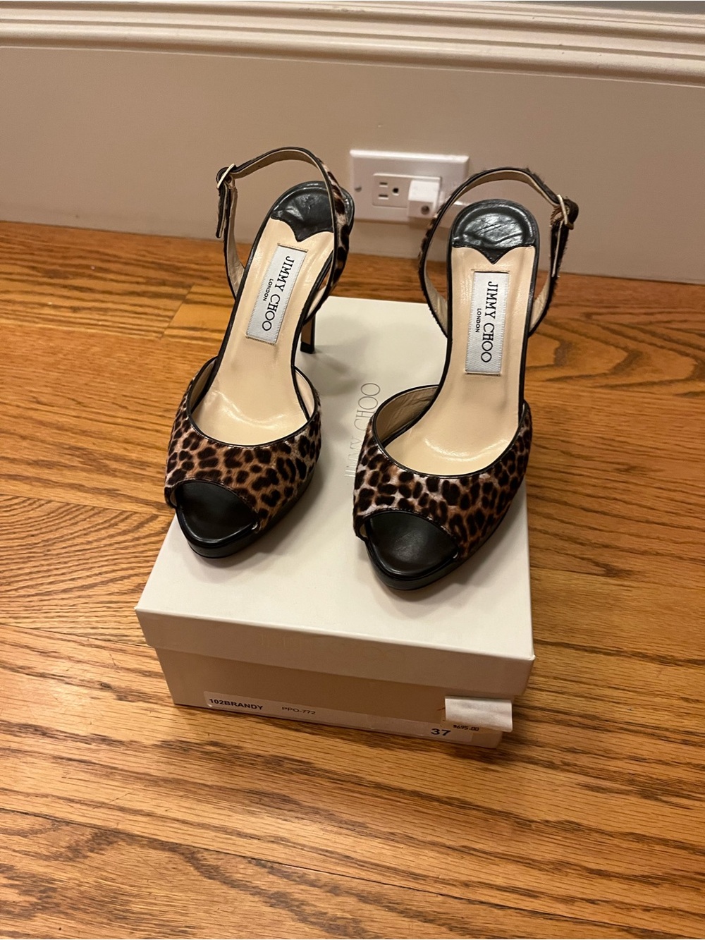 Jimmy Choo Leopard Calf-Hair Peep-Toe Slingback Heels - Brown & Black WITH BOX